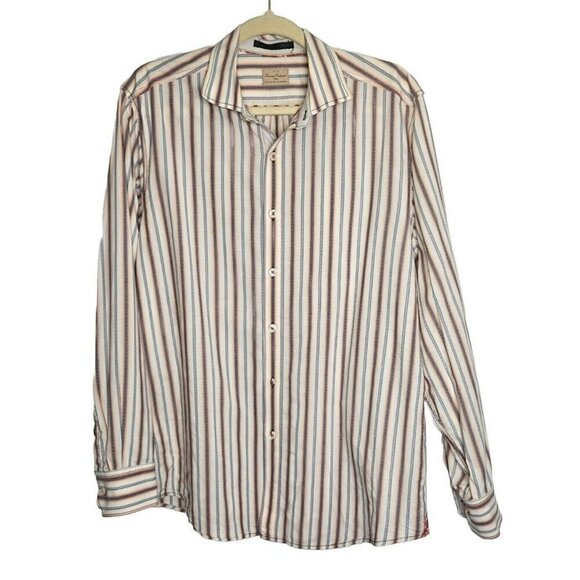 Tommy Bahama Shirt Mens M‎ Cream Striped Long Sleeve Button Up Cotton Sunset - Picture 1 of 16